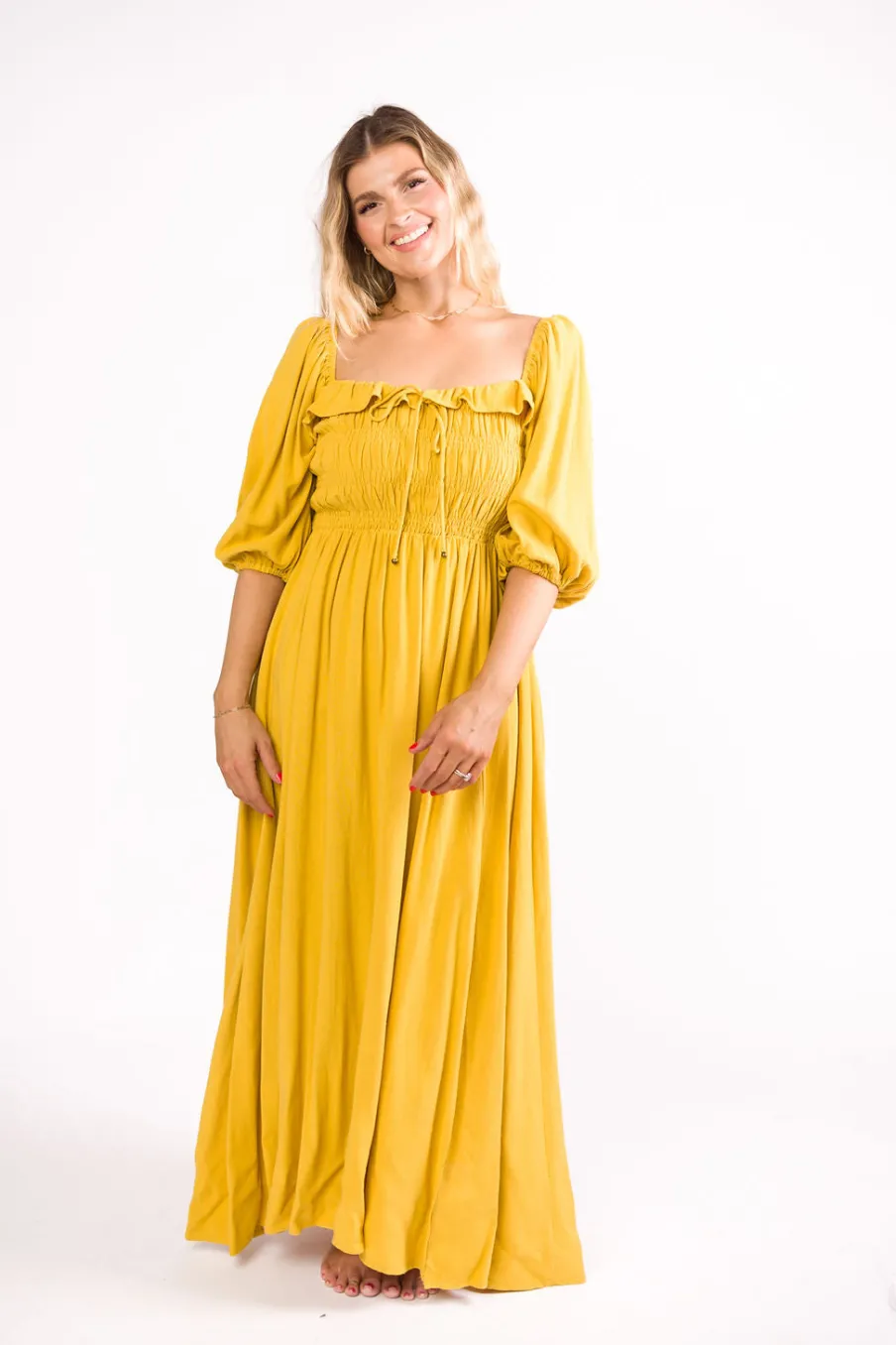 Best Worth Collective Devon Smocked Maxi Dress in Mustard - Bump Friendly