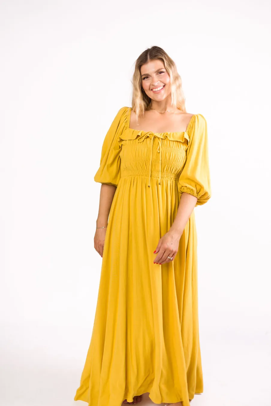 Best Worth Collective Devon Smocked Maxi Dress in Mustard - Bump Friendly