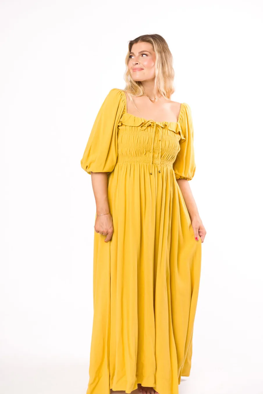 Best Worth Collective Devon Smocked Maxi Dress in Mustard - Bump Friendly