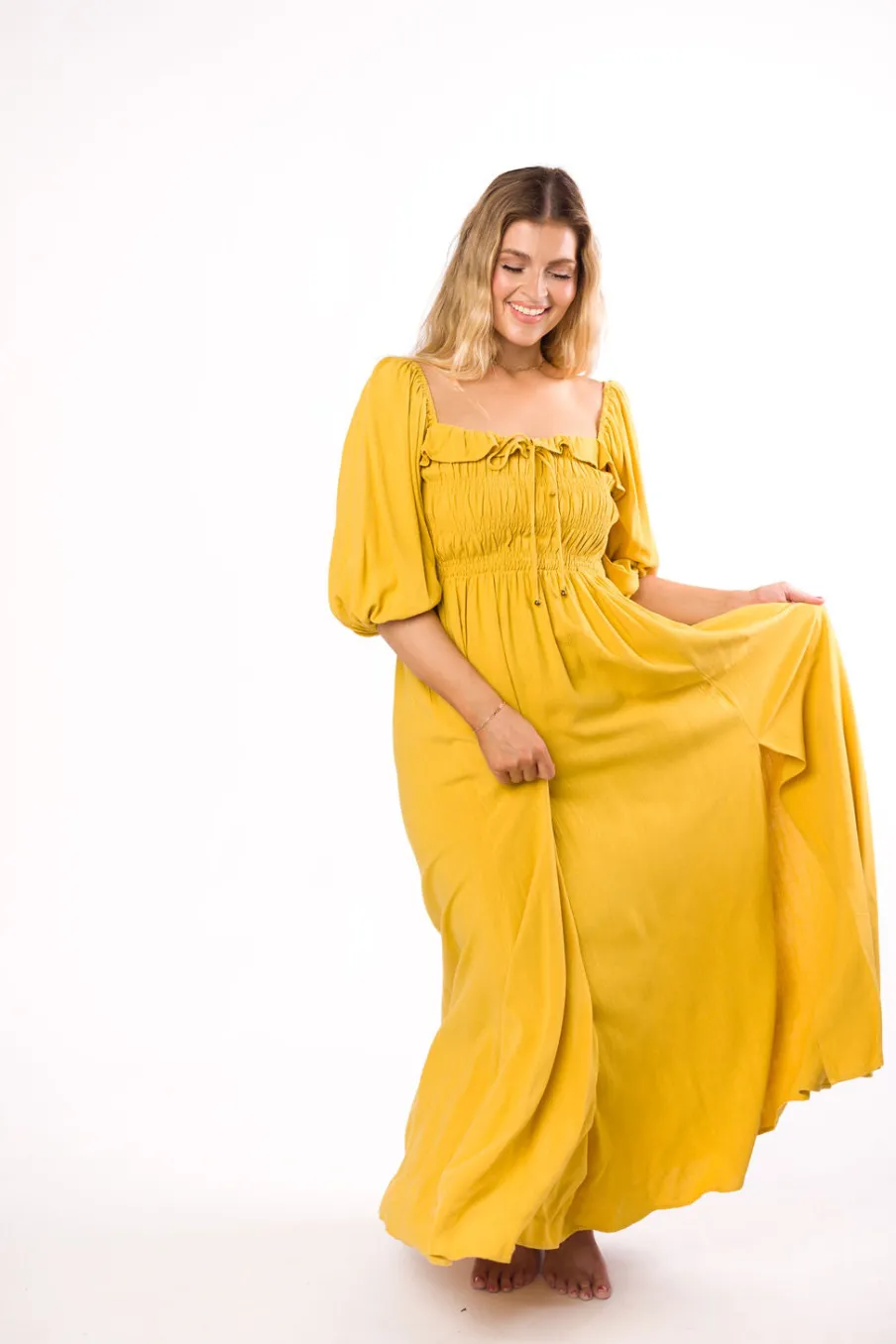 Best Worth Collective Devon Smocked Maxi Dress in Mustard - Bump Friendly