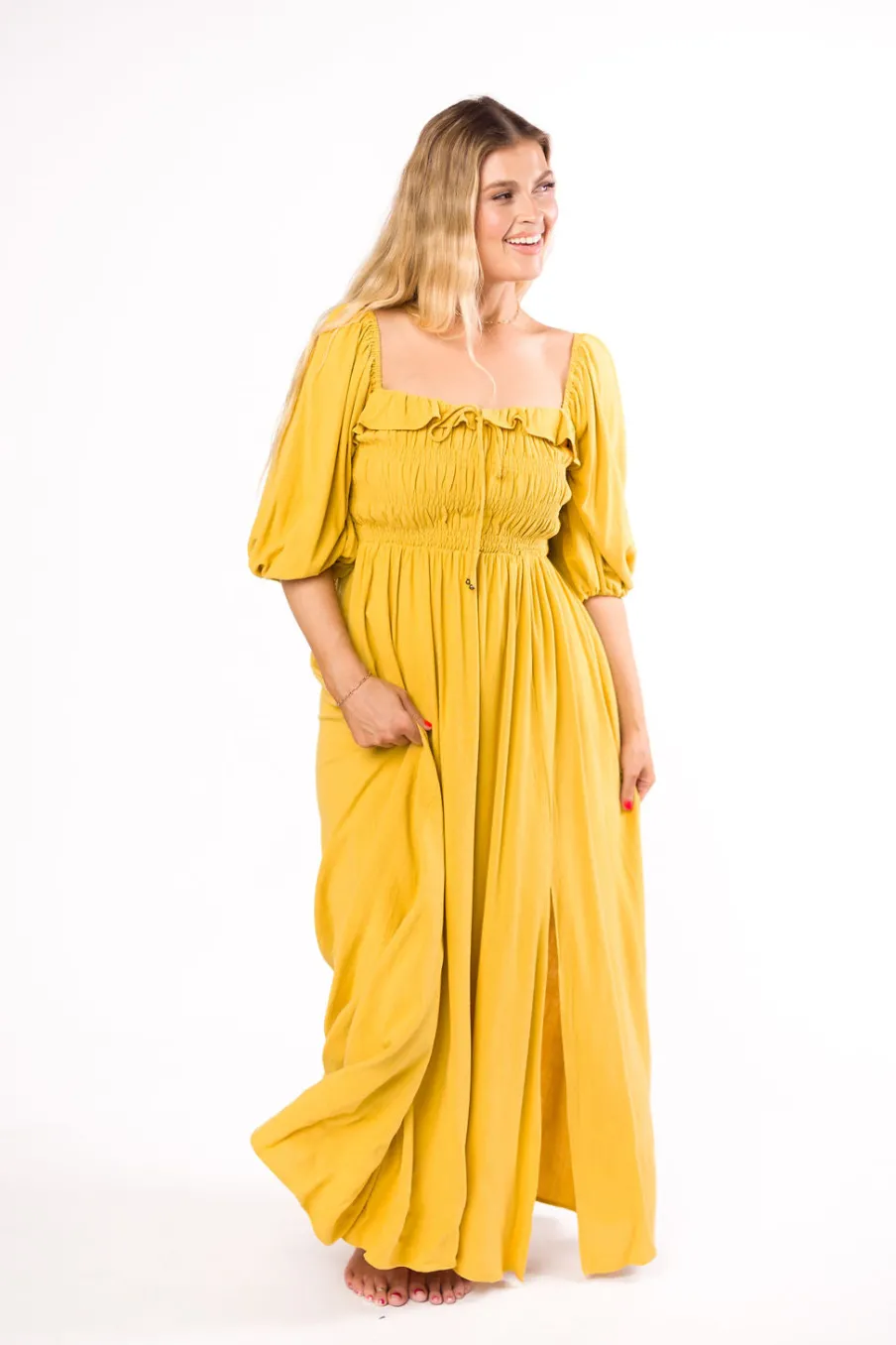 Best Worth Collective Devon Smocked Maxi Dress in Mustard - Bump Friendly