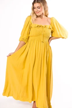 Best Worth Collective Devon Smocked Maxi Dress in Mustard - Bump Friendly