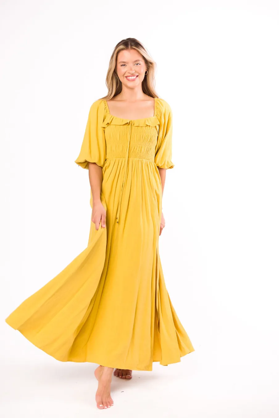 Best Worth Collective Devon Smocked Maxi Dress in Mustard - Bump Friendly