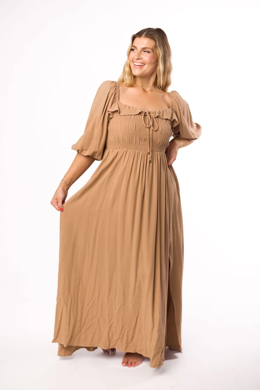New Worth Collective Devon Smocked Maxi Dress in Taupe - Bump Friendly