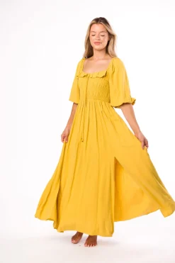 Best Worth Collective Devon Smocked Maxi Dress in Mustard - Bump Friendly