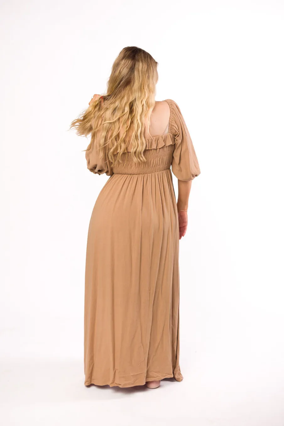 New Worth Collective Devon Smocked Maxi Dress in Taupe - Bump Friendly