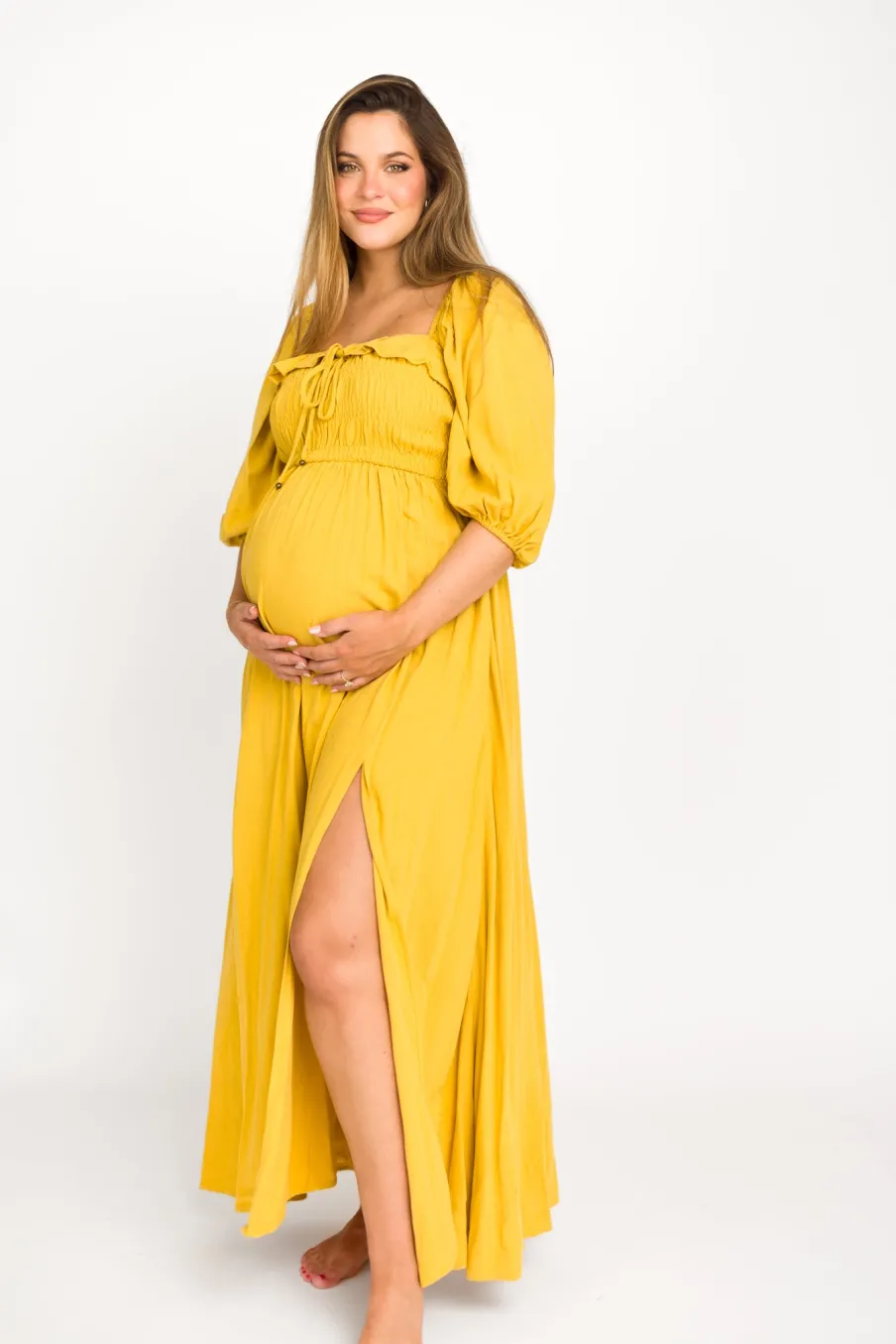 Best Worth Collective Devon Smocked Maxi Dress in Mustard - Bump Friendly