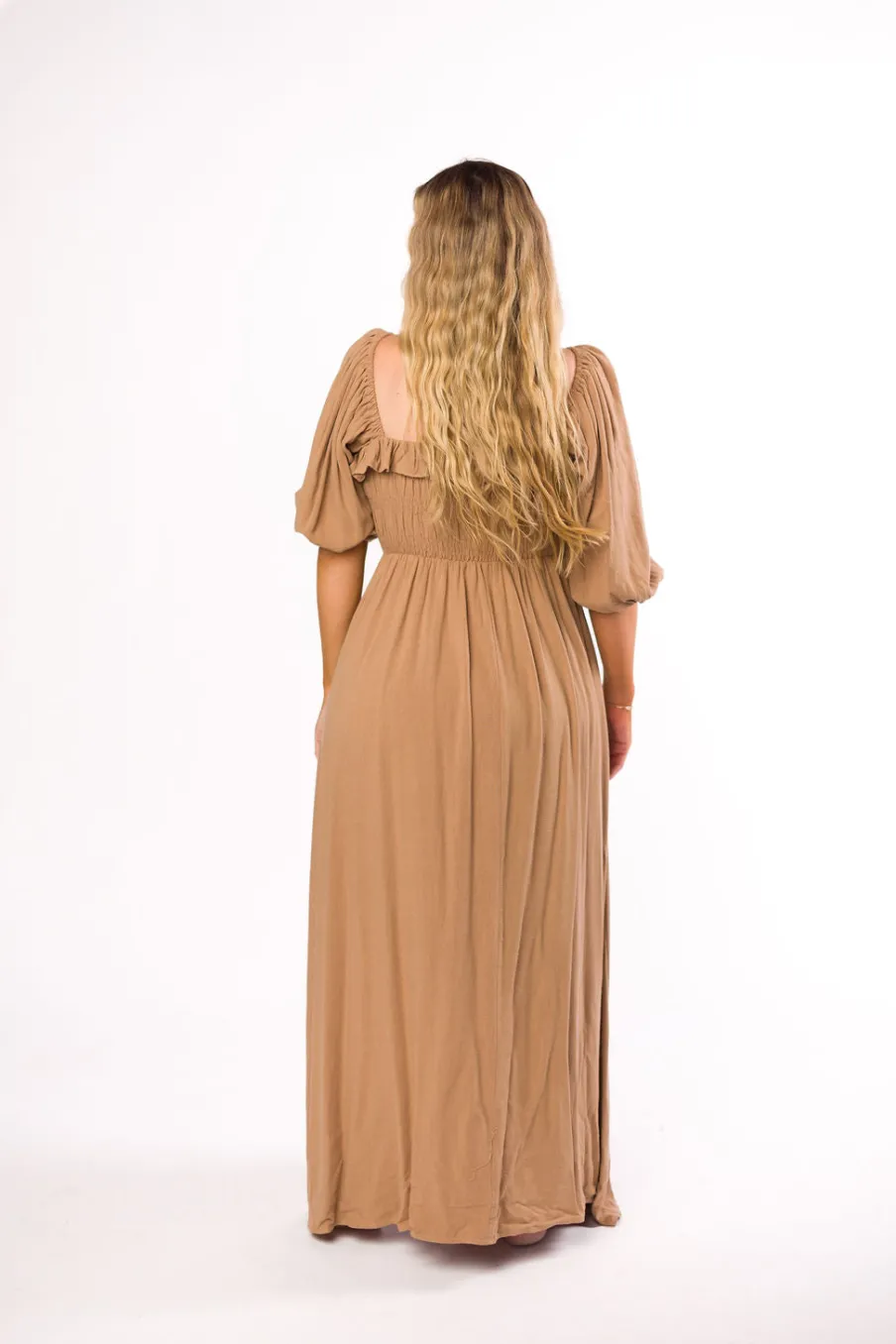 New Worth Collective Devon Smocked Maxi Dress in Taupe - Bump Friendly