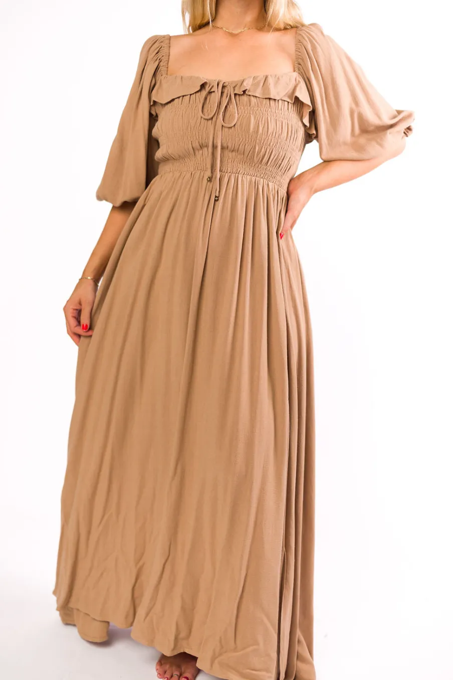 New Worth Collective Devon Smocked Maxi Dress in Taupe - Bump Friendly