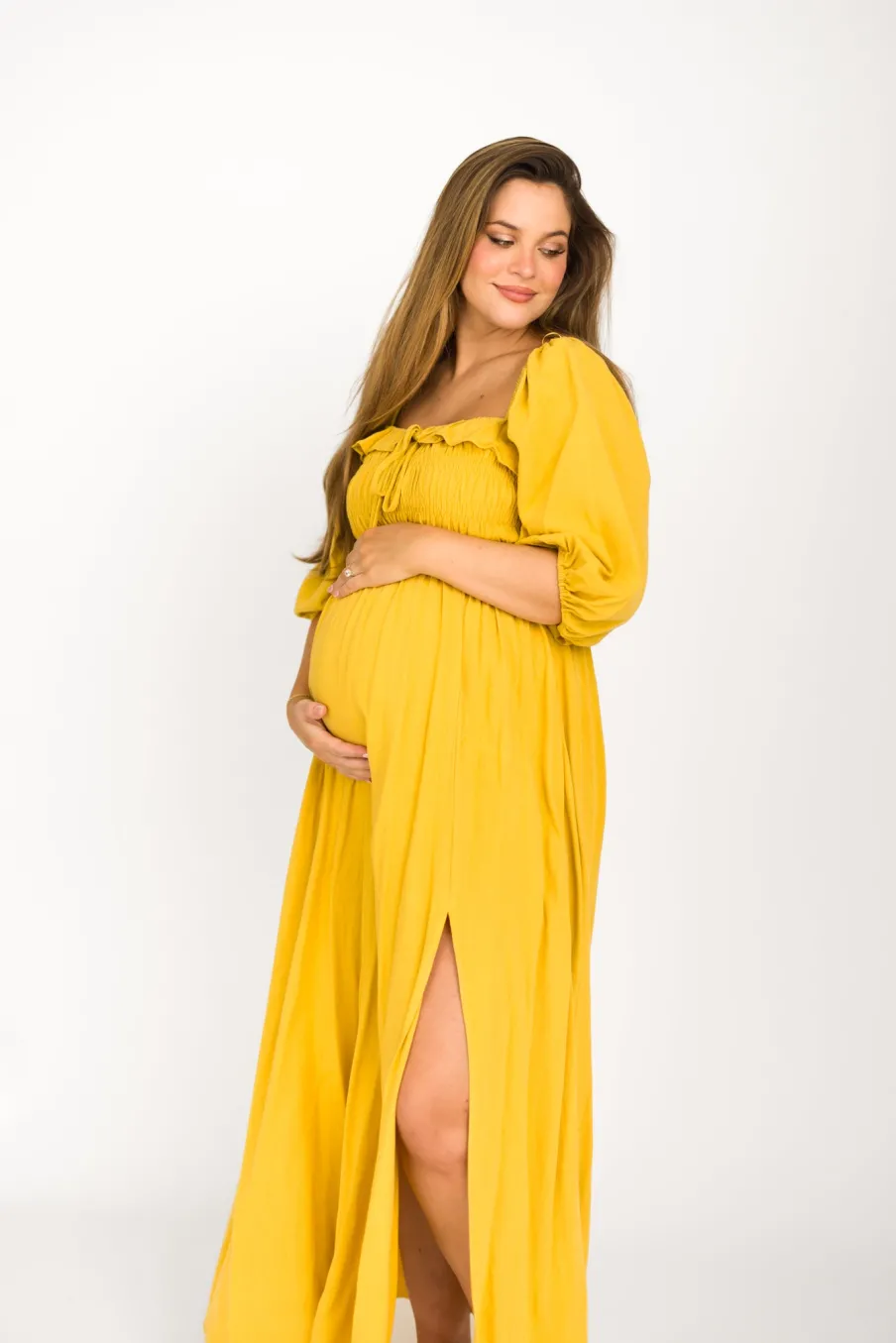 Best Worth Collective Devon Smocked Maxi Dress in Mustard - Bump Friendly