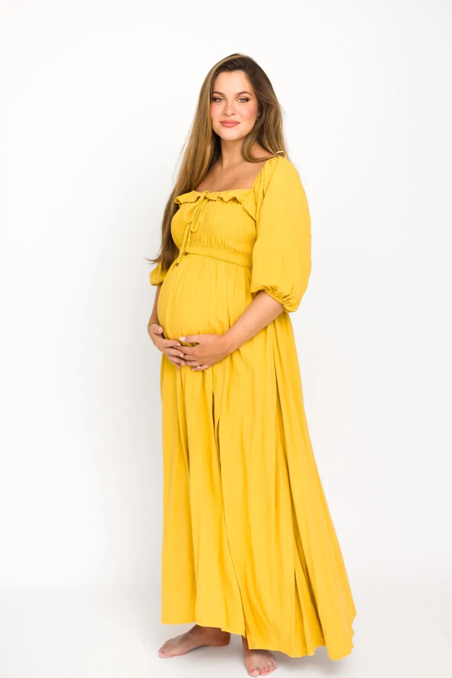 Best Worth Collective Devon Smocked Maxi Dress in Mustard - Bump Friendly