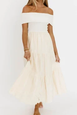 Outlet Worth Collective Dina Off-the-Shoulder Tiered Midi Dress in Cream