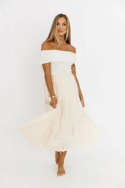 Outlet Worth Collective Dina Off-the-Shoulder Tiered Midi Dress in Cream