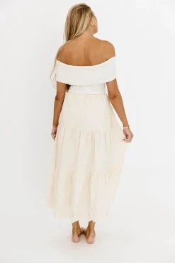 Outlet Worth Collective Dina Off-the-Shoulder Tiered Midi Dress in Cream