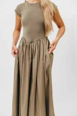 Discount Worth Collective Dolores Rib and Woven Skirt Combo Dress in Olive