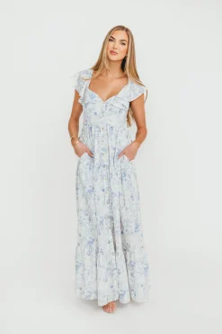 Outlet Worth Collective Dorothy Floral Button-up Maxi Dress in Blue/White - Nursing Friendly