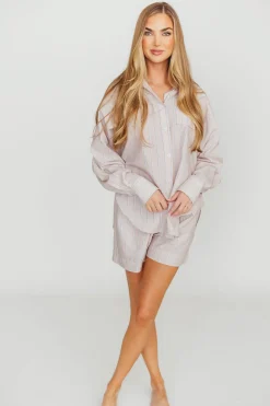 Online Worth Collective Dove Stripe Shorts in Almond/Scarlet