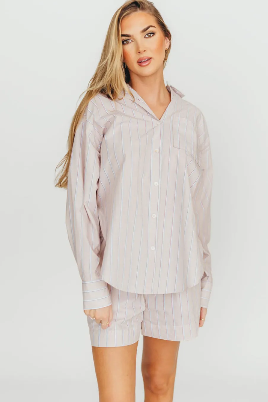 Online Worth Collective Dove Stripe Shorts in Almond/Scarlet