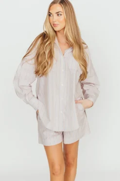 Online Worth Collective Dove Stripe Shorts in Almond/Scarlet