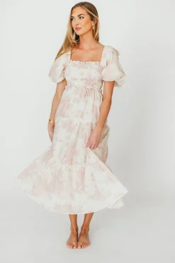 New Worth Collective Elena 100% Cotton Toile Print Smocked Midi Dress in Pink - Bump Friend