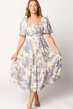 Online Worth Collective Elena 100% Cotton Toile Print Smocked Midi Dress in Blue - Bump Friend
