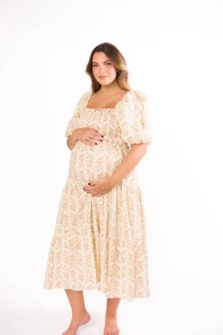 Hot Worth Collective Elena 100% Cotton Toile Print Smocked Midi Dress in Light Brown- Bump