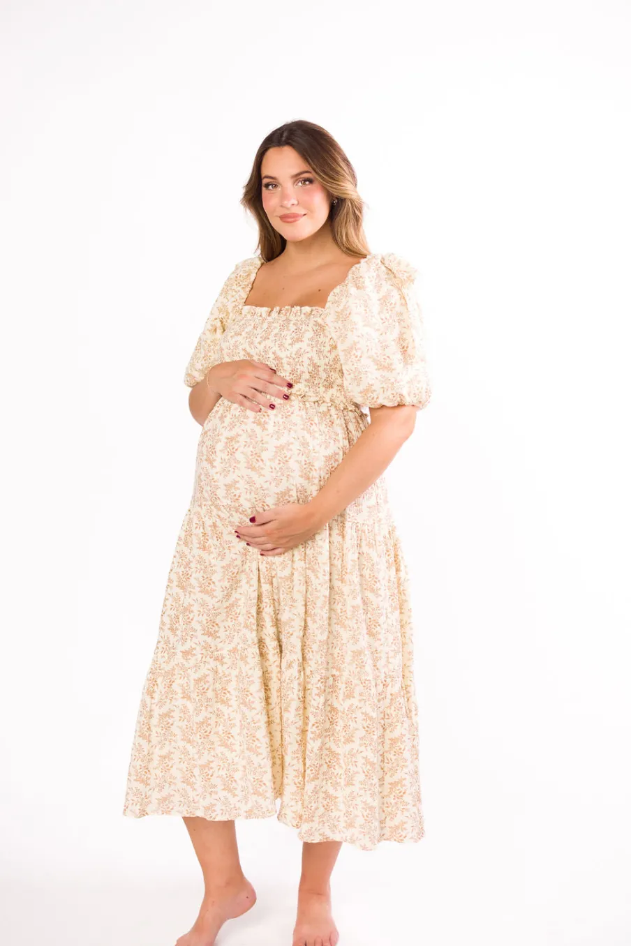 Hot Worth Collective Elena 100% Cotton Toile Print Smocked Midi Dress in Light Brown- Bump