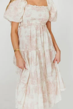 New Worth Collective Elena 100% Cotton Toile Print Smocked Midi Dress in Pink - Bump Friend
