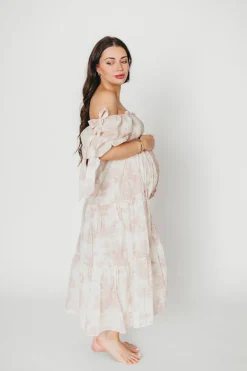 New Worth Collective Elena 100% Cotton Toile Print Smocked Midi Dress in Pink - Bump Friend