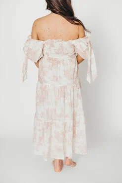 New Worth Collective Elena 100% Cotton Toile Print Smocked Midi Dress in Pink - Bump Friend