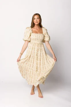 Hot Worth Collective Elena 100% Cotton Toile Print Smocked Midi Dress in Light Brown- Bump