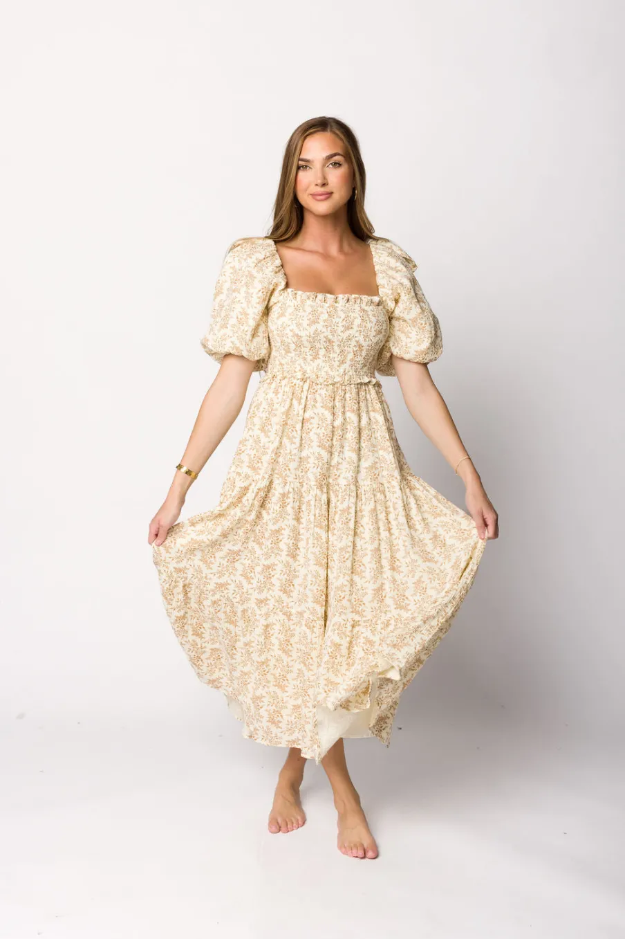 Hot Worth Collective Elena 100% Cotton Toile Print Smocked Midi Dress in Light Brown- Bump