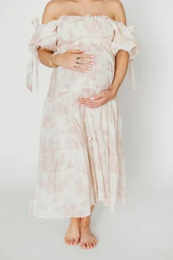 New Worth Collective Elena 100% Cotton Toile Print Smocked Midi Dress in Pink - Bump Friend