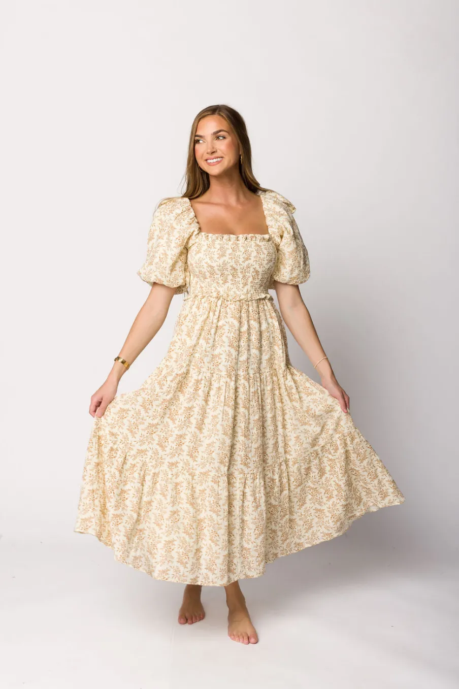 Hot Worth Collective Elena 100% Cotton Toile Print Smocked Midi Dress in Light Brown- Bump