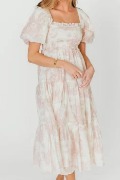 New Worth Collective Elena 100% Cotton Toile Print Smocked Midi Dress in Pink - Bump Friend