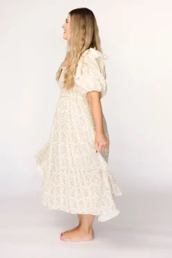 Hot Worth Collective Elena 100% Cotton Toile Print Smocked Midi Dress in Light Brown- Bump