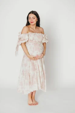 New Worth Collective Elena 100% Cotton Toile Print Smocked Midi Dress in Pink - Bump Friend