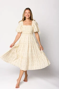 Hot Worth Collective Elena 100% Cotton Toile Print Smocked Midi Dress in Light Brown- Bump