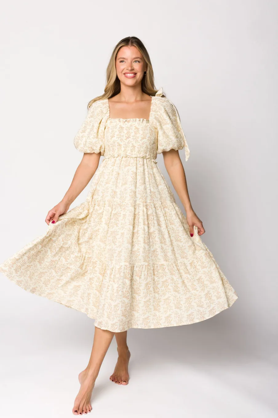 Hot Worth Collective Elena 100% Cotton Toile Print Smocked Midi Dress in Light Brown- Bump