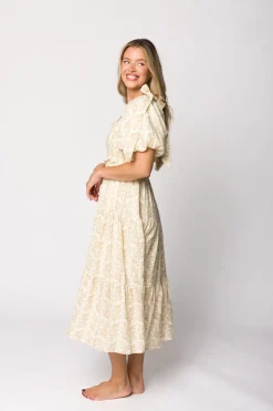 Hot Worth Collective Elena 100% Cotton Toile Print Smocked Midi Dress in Light Brown- Bump