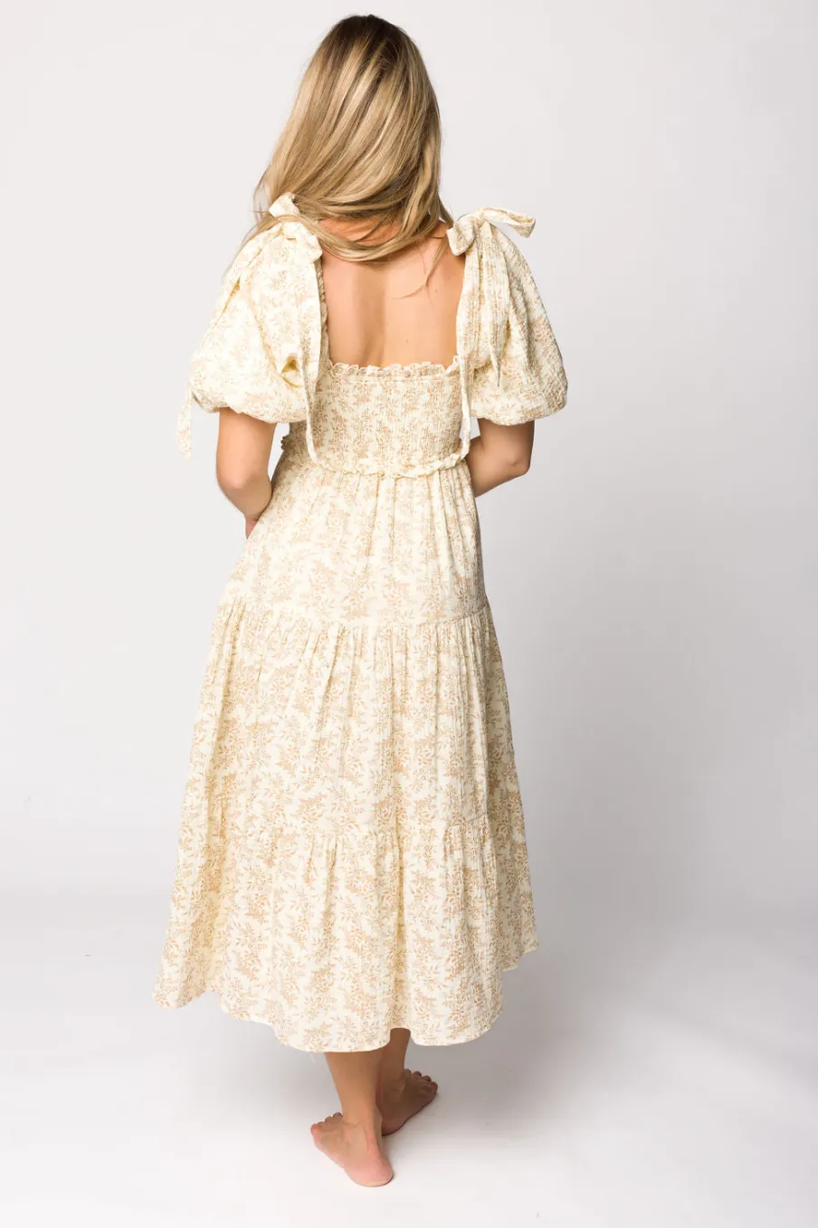 Hot Worth Collective Elena 100% Cotton Toile Print Smocked Midi Dress in Light Brown- Bump