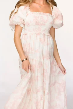 New Worth Collective Elena 100% Cotton Toile Print Smocked Midi Dress in Pink - Bump Friend