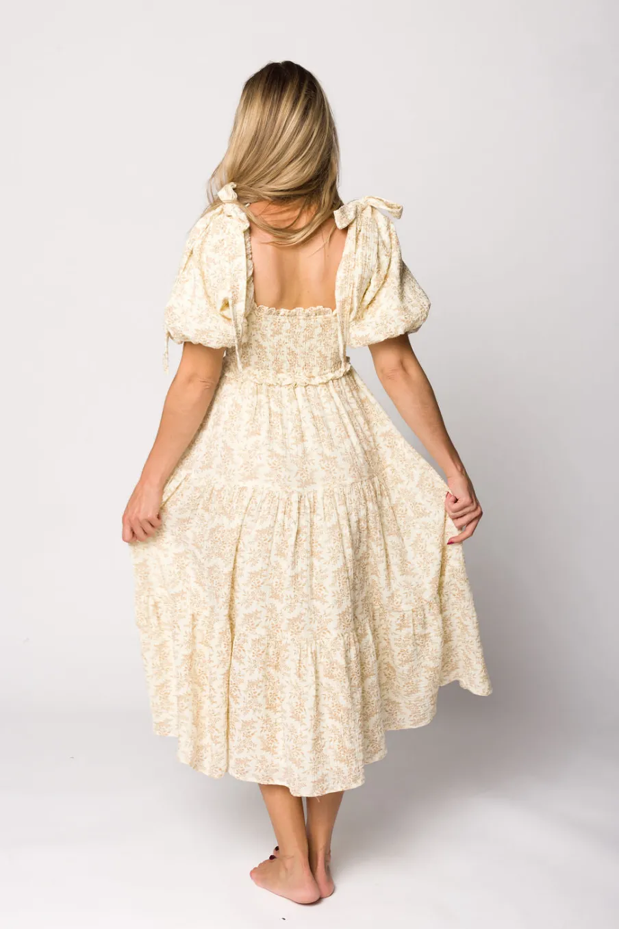 Hot Worth Collective Elena 100% Cotton Toile Print Smocked Midi Dress in Light Brown- Bump