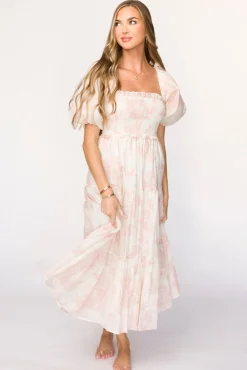 New Worth Collective Elena 100% Cotton Toile Print Smocked Midi Dress in Pink - Bump Friend