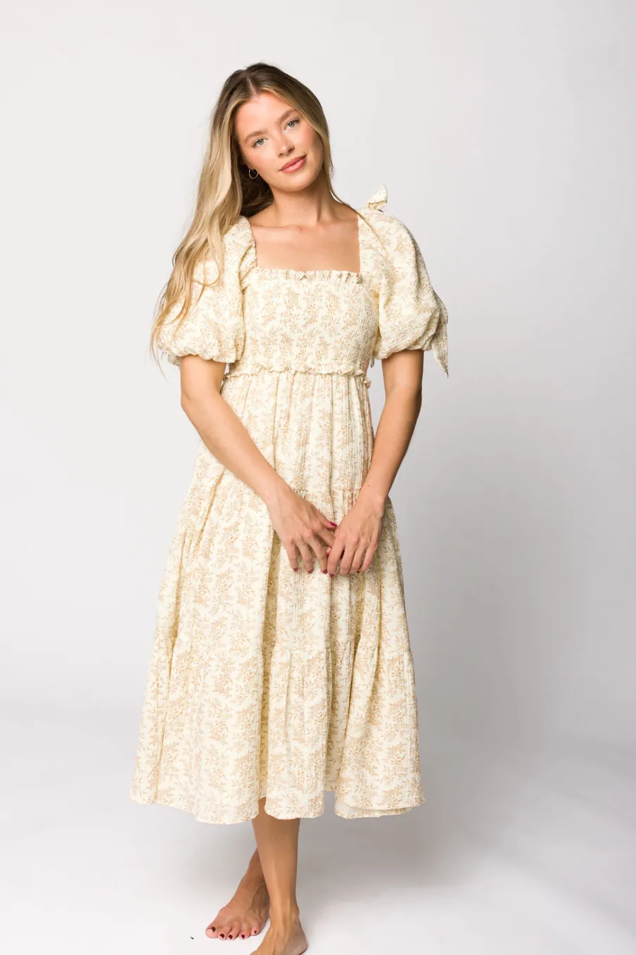 Hot Worth Collective Elena 100% Cotton Toile Print Smocked Midi Dress in Light Brown- Bump