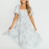Best Worth Collective Elena Floral Print Smocked Midi Dress in Blue - Bump Friendly & Inclus