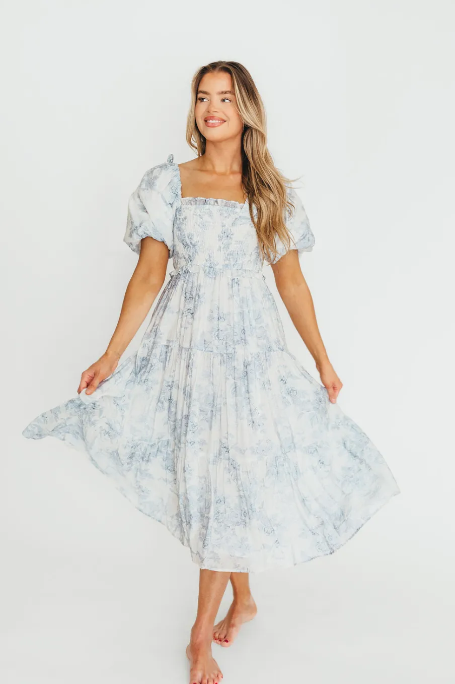 Best Worth Collective Elena Floral Print Smocked Midi Dress in Blue - Bump Friendly & Inclus