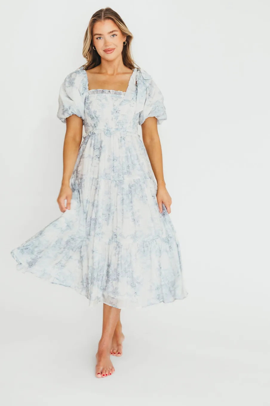 Best Worth Collective Elena Floral Print Smocked Midi Dress in Blue - Bump Friendly & Inclus