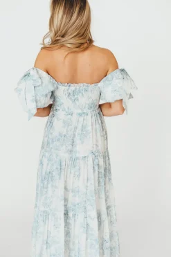 Best Worth Collective Elena Floral Print Smocked Midi Dress in Blue - Bump Friendly & Inclus