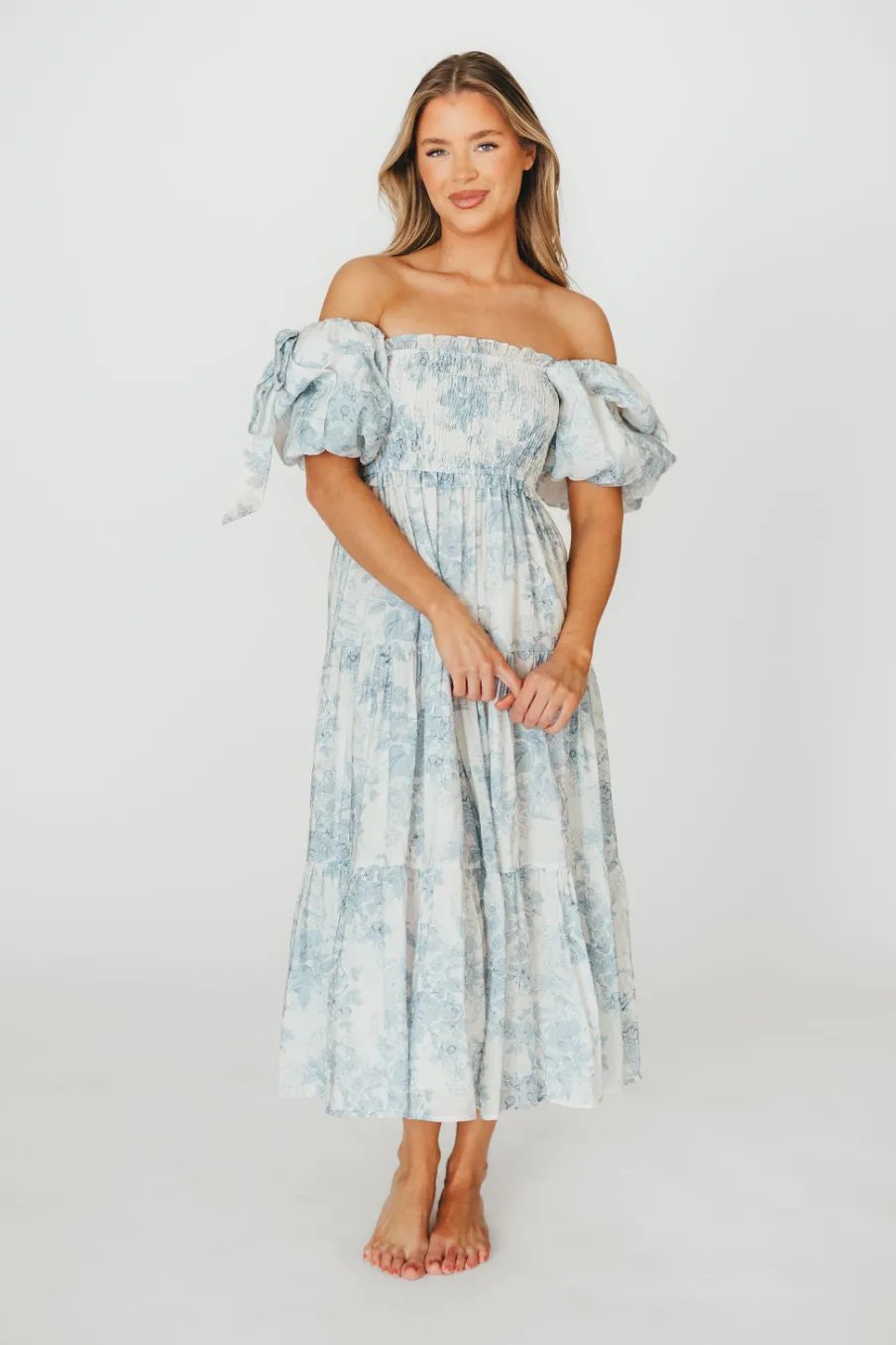 Best Worth Collective Elena Floral Print Smocked Midi Dress in Blue - Bump Friendly & Inclus